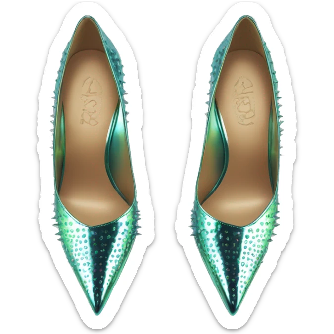 Realistic isolated top view of a pair of metallic iridescent spikey pointed toe high heel shoes. sticker