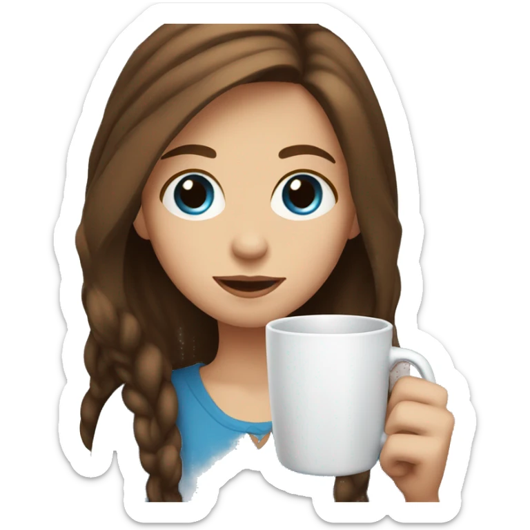 A girl with brown hair with blue eyes holds a mug sticker