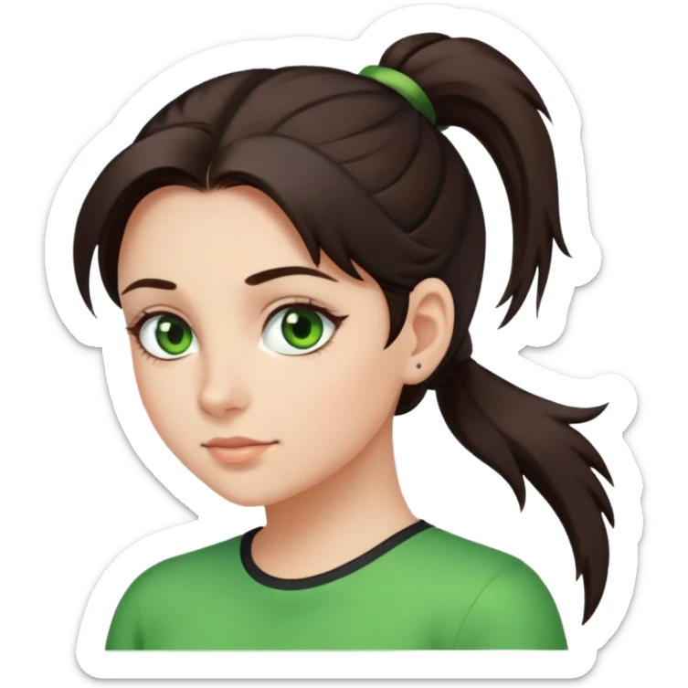 A girl with dark brown hair in a ponytail and green eyes sticker
