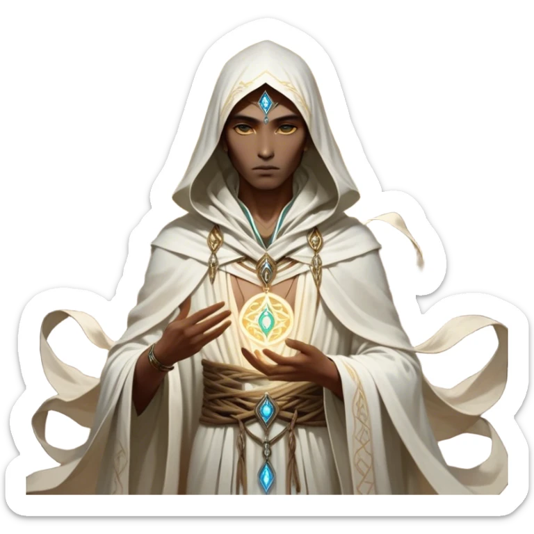 Clash of Clans aesthetic friendly Mage Portrait Emoji, With an enigmatic, slender build draped in flowing mystical robes adorned with arcane symbols, piercing eyes and a determined aura, his face rendered in a natural skin tone (not yellow), Simplified yet sharply defined features, highly detailed, glowing with a cool, otherworldly radiance, high shine, wise and resolute, stylized with an air of ancient sorcery, focused and mystical, soft glowing outline, capturing the essence of a powerful mage ready to unleash enchanted spells on epic adventures! sticker