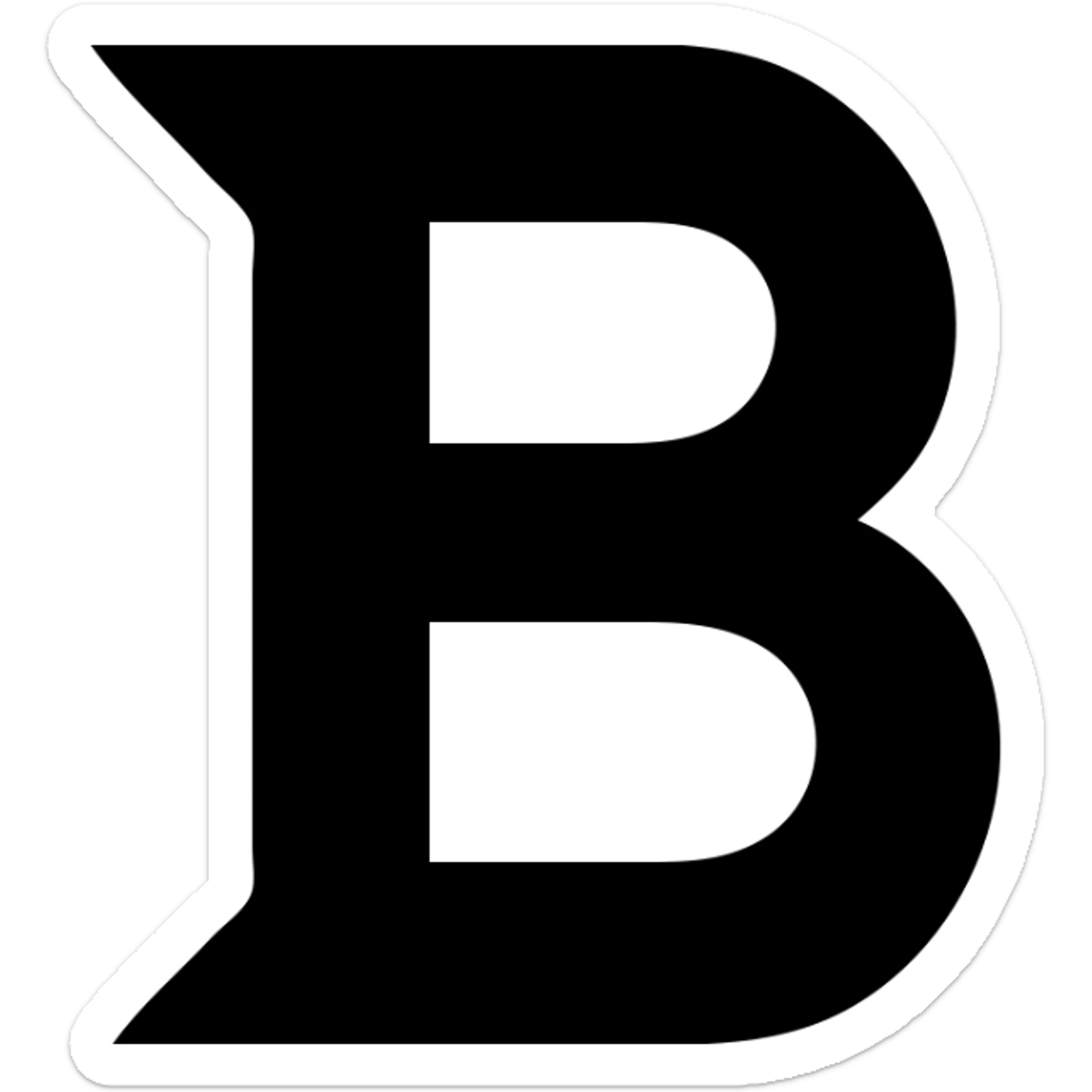 Upper loop of a capital B morphs into an outward wedge; bottom loop stays solid sticker