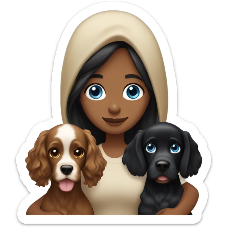 Black Hair and Brown Eyes Girl with a Blue Eyes and Blond hair boy both holding a black cocker spaniel sticker