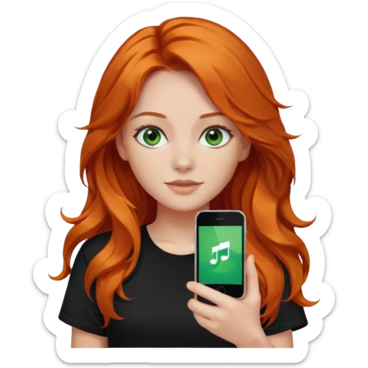 Girl with dark long orange wavy hair, green eyes, and black t-shirt with iphone tiktok on hand sticker