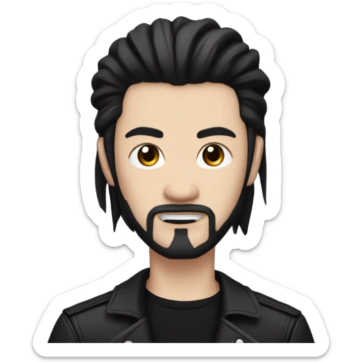 Chinese Man with pale skin, very long black hair, black goatee, square jawline, eyeliner, black leather jacket, black pants, black shirt and pentacle necklace sticker