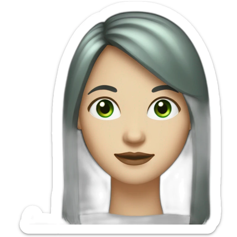 40 year old white woman with green eyes and long dark hair and a fringe and oval shape face sticker