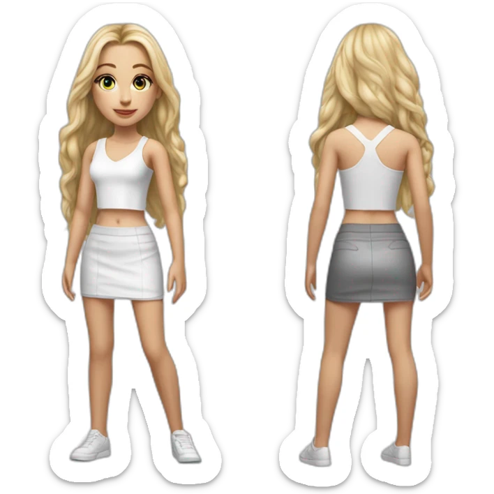 hyperrealist caucasian girl, long straight blonde hair, white v-neck laced crop tanktop, grey tight micro skirt sticker