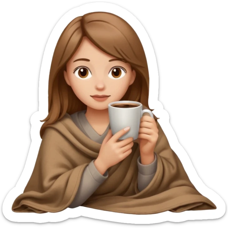 Beige Brown hair Girl drinking coffee, with a cozy blanket sticker