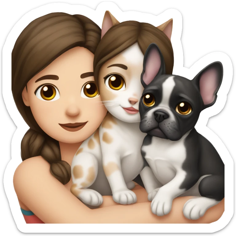 brunette hair girl cuddling a black and white frenchbulldog and a lynx point tabby cat sticker