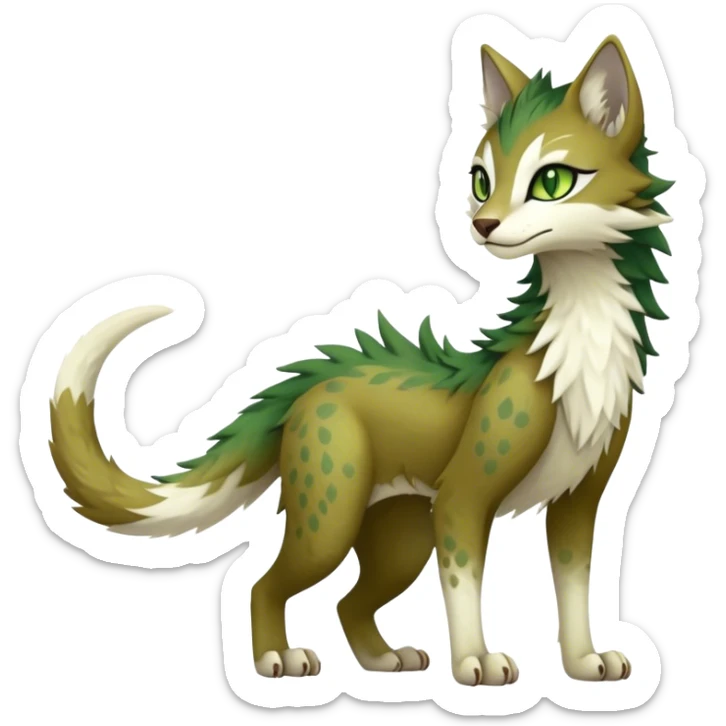 Kawaii cool edgy brown beige white fantasy ethereal feline-vernid-sergal-fursona animal creature with a tufted tail full body with intricate markings, hazel-gold-green eyes sticker