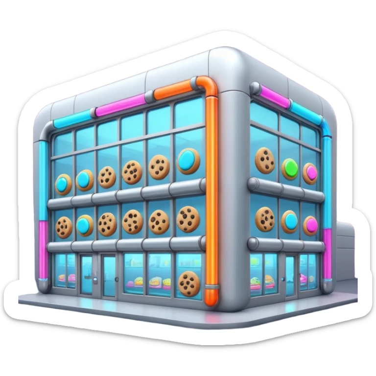 Outside view of a futuristic cookie factory, sleek silver walls, robotic arms visible through glass panels, glowing neon pipes along the structure, emoji-style sticker