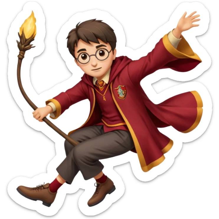 Cartoon-style illustration of Harry Potter flying on a broomstick, Gryffindor red and gold outfit, expressive face, dynamic motion, magical vibe, smooth shading, vibrant colors, no background, transparent background, isolated character. sticker