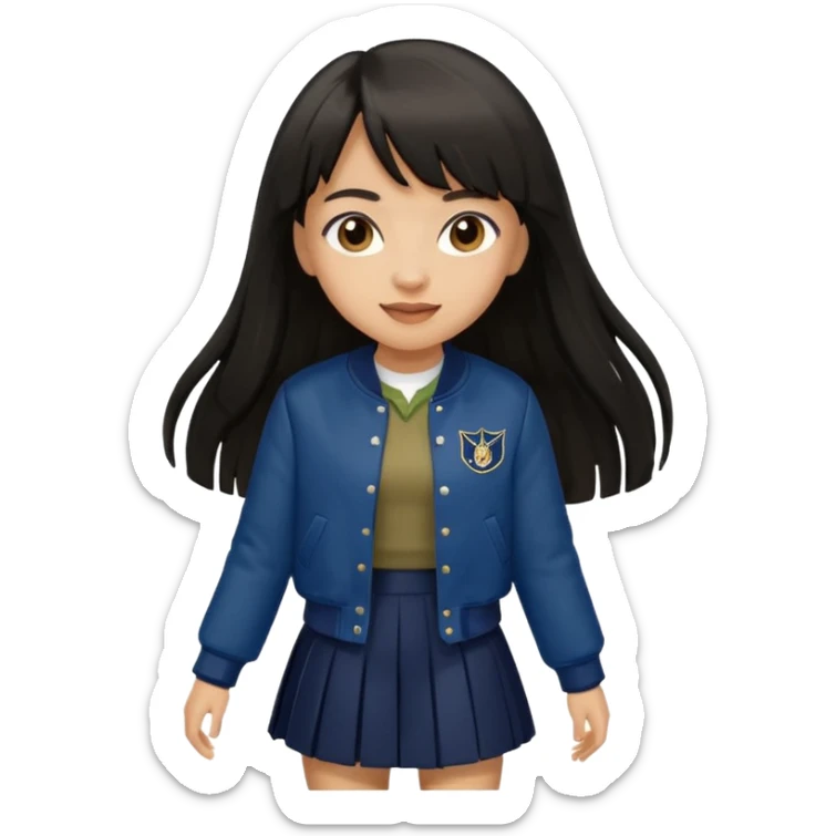 black color long hair with fringe, light skin long hair girl with brown varsity jacket and navy long skirt walking

 sticker