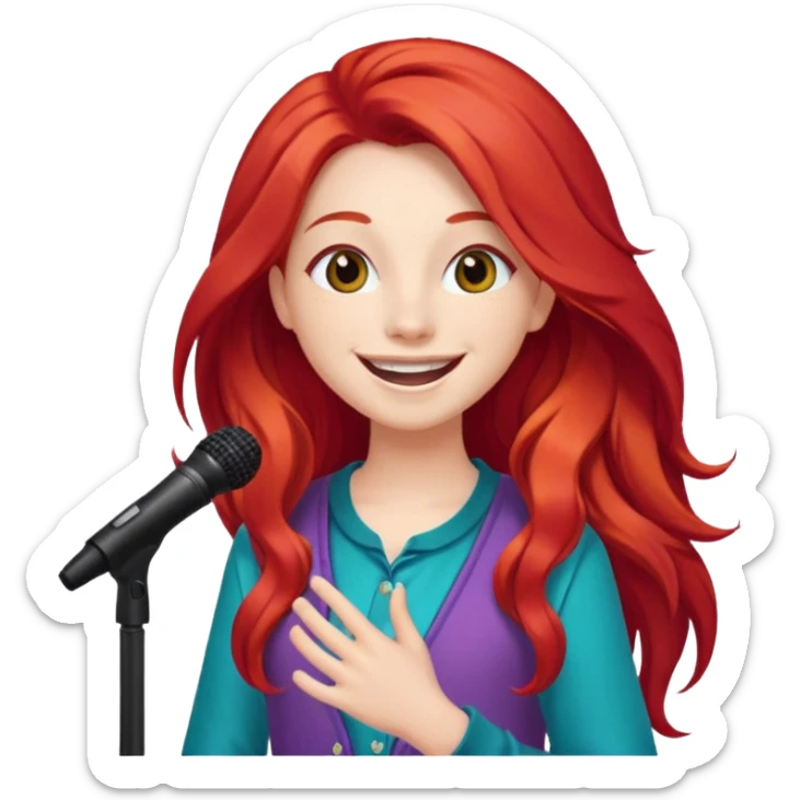 A red long hair cheerful teen singer with colorful outfit, performing with big smile.
 sticker