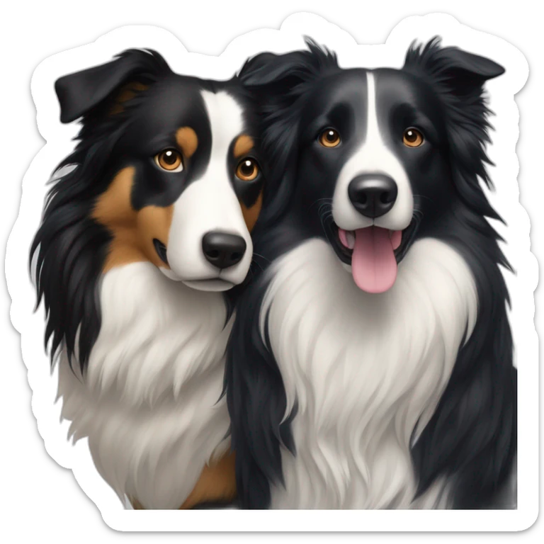 A family photo of a 30-year-old very long black hair next to a black and white border collie sticker