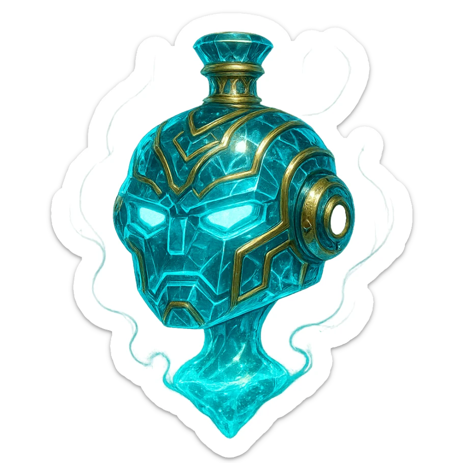 luxurious crystal elixir bottle in the shape of a robot head, cyan color, lots of glowing, edges, ornaments, golden details, magical effects, very small golden neck, transparent background, beautiful merging bottom, clearly floating in the air, no base or shadow, premium class impression, interesting futuristic design, matching a collection of crystal, luxurious, magical bottles sticker