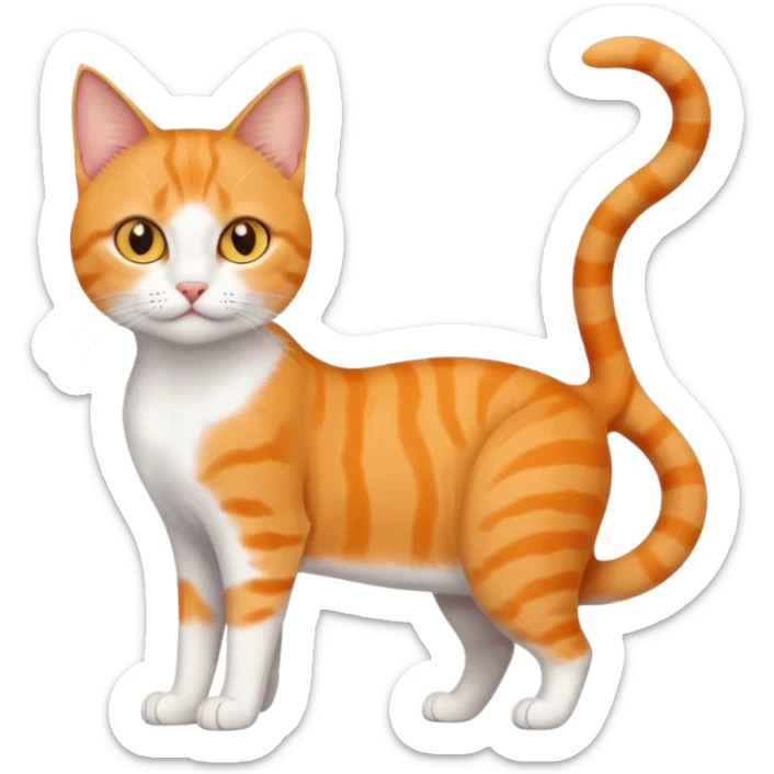 full body orange domestic shorthair slim cat with yellow/orange eyes paw being white and the other being half sticker
