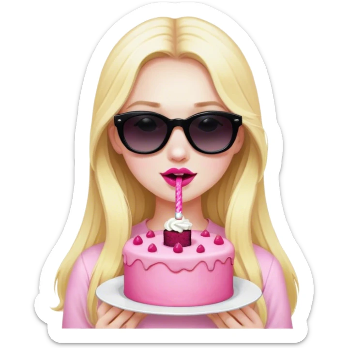 Blonde girl with pale skin and long hair wearing black sunglasses having pink cake  sticker