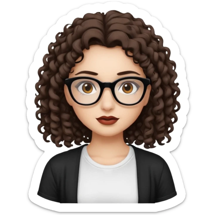 I want to describe me. I am a girl with brown hair amd curly hair. I have brown eyes and black glasses and long lashes with mascara. My lips are medium and my nose as well. I wear a white T-shirt. I am white skin with long curly hair. I want longa lashes with loong curly hair sticker