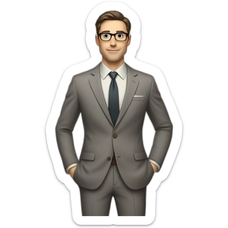 Full height Pale skinned Fit Man With dark brown hair in classic gray suit, beige office shirt, dark gray tie, and vintage glasses. His right hand is directed up sticker
