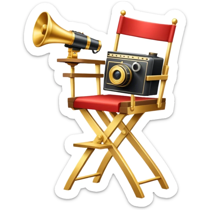 Icon for Directing: a director's chair, a large film camera, a megaphone, a stage set with lights and an Oscar statuette. The icon should represent the creative and leadership aspects of directing, with focus on film and theater production. Transparent background. sticker