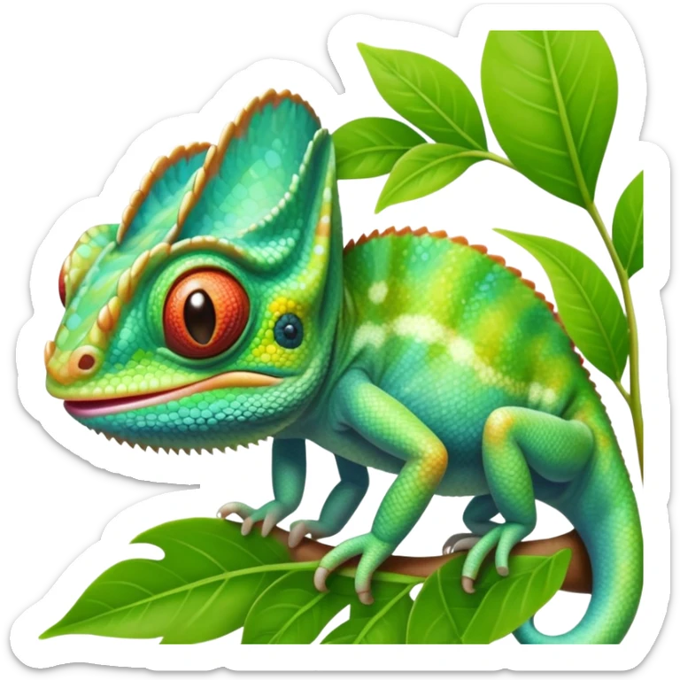 cinematic cute -baby chameleon-realistic emoji, mouth wide open with tongue out catching prey, -blending-with-vibrant-greenery.-detailed-scales-in-shifting-colors,-showing-the-chameleon’s-ability-to-camouflage.-soft-natural-light-highlights-its-texture.-light-background, zoomed into its face sticker