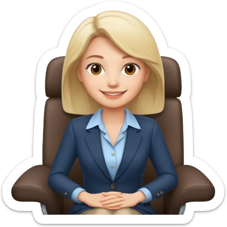 Cartoon faced woman smiling and relaxing and aligned in a chair in office make the face a cartoon character  sticker