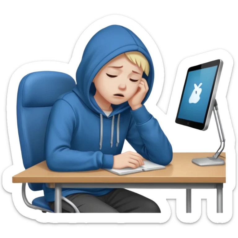 A person wearing a hoodie experiencing burnout, exhausted and overwhelmed, tired eyes, slumped posture, sitting at a desk, iOS emoji style sticker