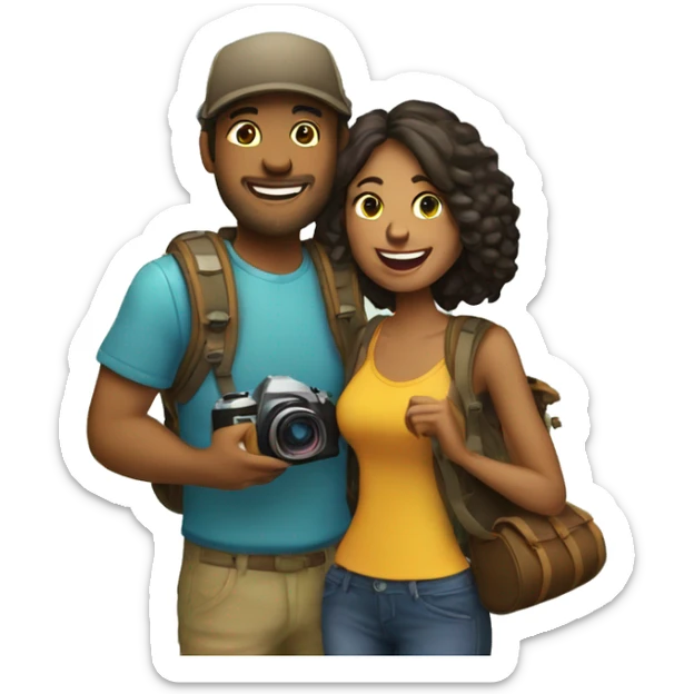 Create an emoji of couple travellers who love road trip and female has a dslr in hand sticker