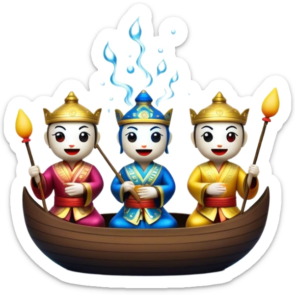 Cinematic Realistic Water Puppetry Emoji, depicted as a whimsical scene of traditional water puppets performing on a reflective water stage, rendered with vivid textures and dynamic playful lighting that captures its enchanting charm. sticker
