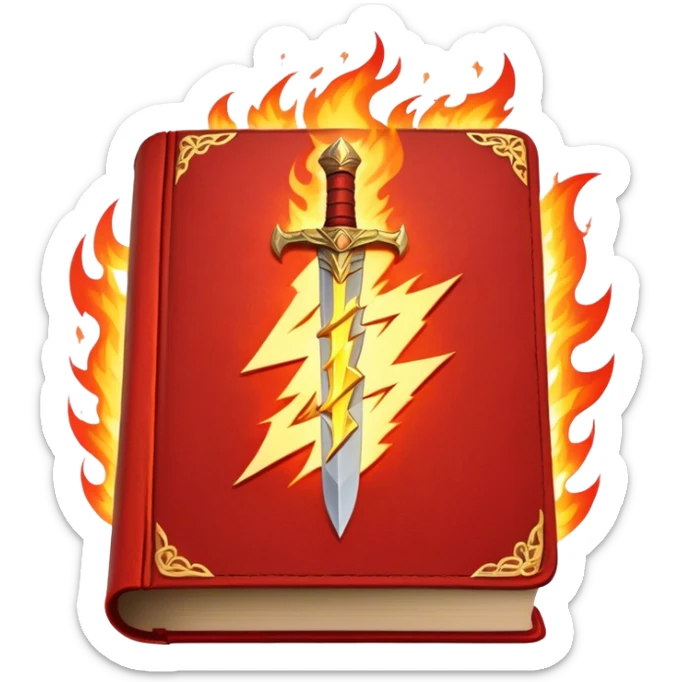 A fiery red book with golden details, a textured, leather-like cover, a flaming sword, or a lightning bolt, radiating power, resilience, and the fire of transformation-- the inner strength book sticker