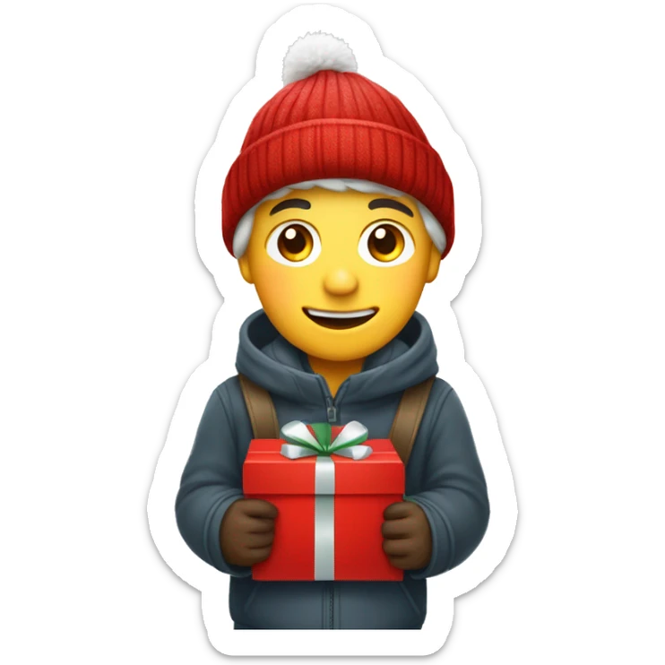 German boy going christmas shopping, buying a lot of gifts, wearing warm clothes and a christmas hat sticker