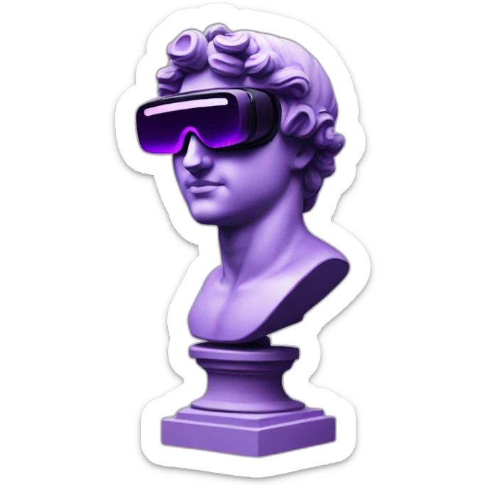 an EMOJI OF A ancient young greek statue, wearing VR headset, purple colors, DIGITAL UNIVERSE sticker