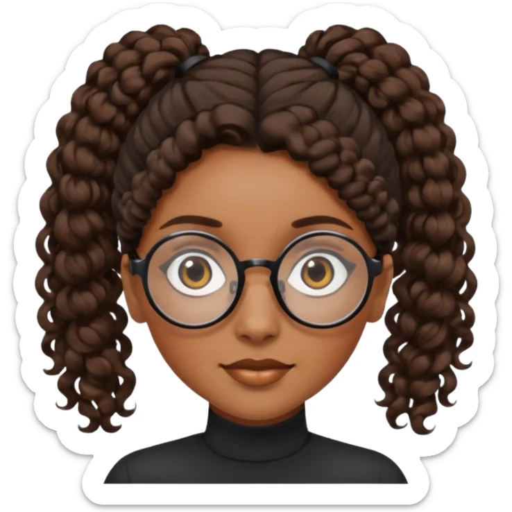 chica morena de ojos claros con gafas negras exagonales redondeadas. y pelo rizado castaño con todo el pelo recogido en una coleta .. Con todo el pelo recogido un clen look solamente una coleta sticker