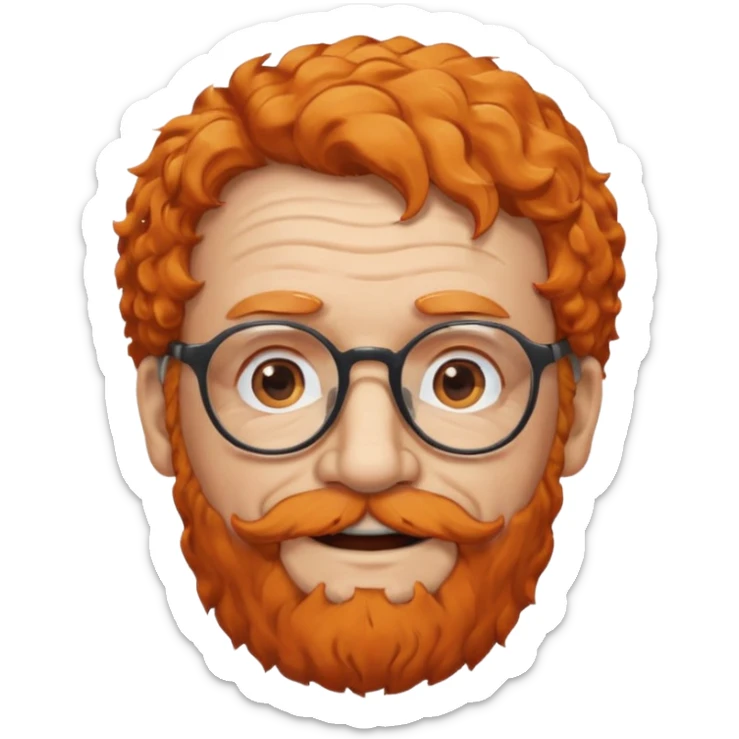 An elderly man with curly orange hair, brown eyes, black glasses, and a white beard, wearing a gentle smile. sticker