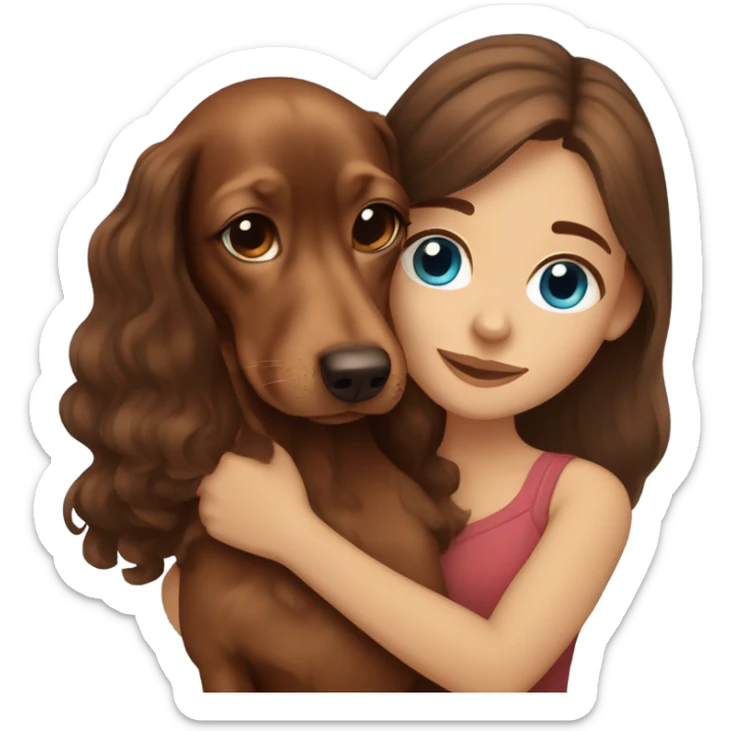 Brown long wavy hair girl with blue eyes cuddling a small brown dachshund sticker