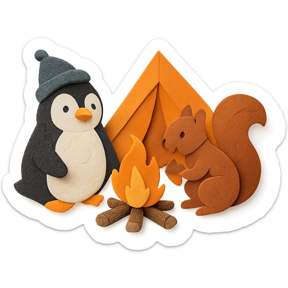 Pinguin und Eichhörnchen beim Campen, Papierbastel-Stil, Lagerfeuer sticker