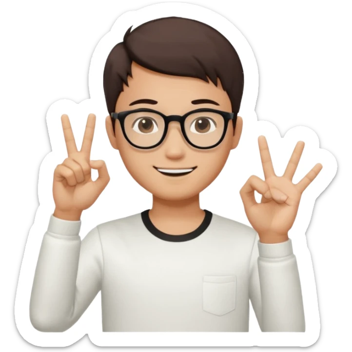 young Asian man with cool brown short hair, wearing black framed glasses, a white top, making an OK gesture with his right hand, and smiling confidently sticker