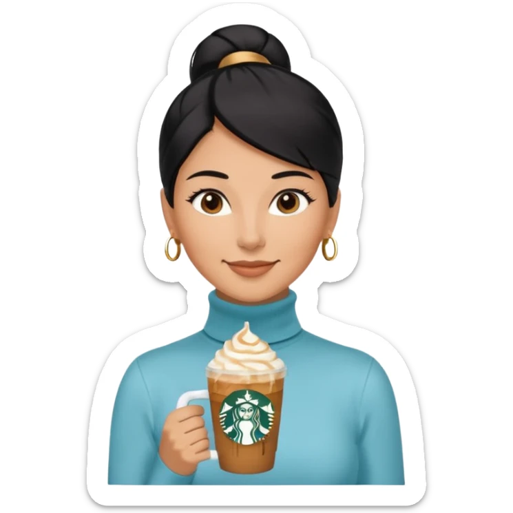  tan skin woman with long face, and very short black hair slicked back ponytail with forehead showing, wearing solid light blue turtleneck shirt, drinking starbucks caramel frappuccino, smiling with middle parted hair sticker