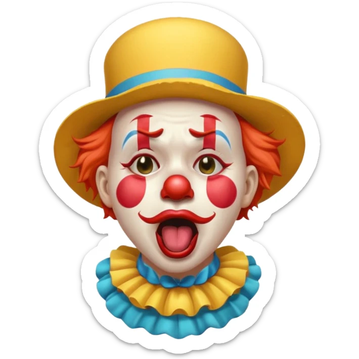 exhausted clown yawning, wilted flower on hat, pale face paint, playful yet tired, modern emoji style sticker
