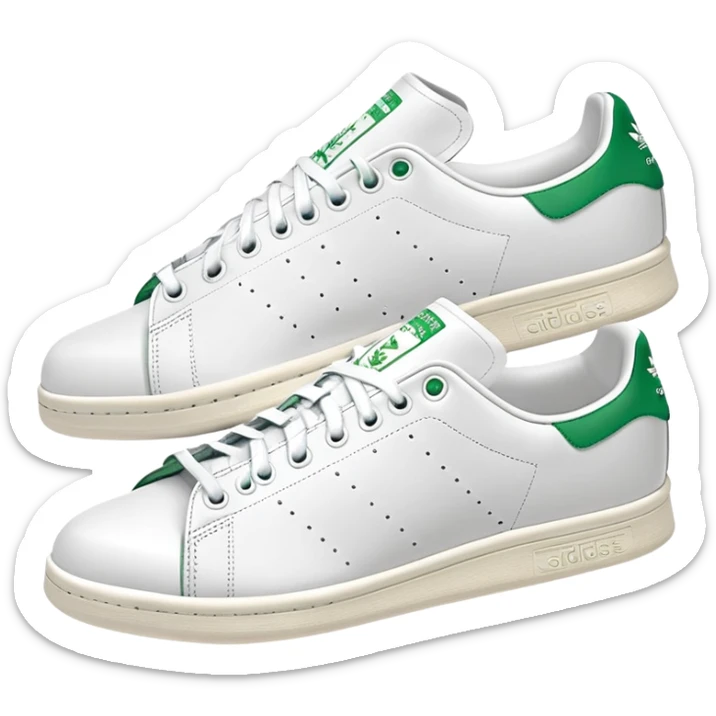 Pair of Adidas Stan Smith sneakers in white and green colorway, one positioned behind the other, both shoes shown from side angle sticker