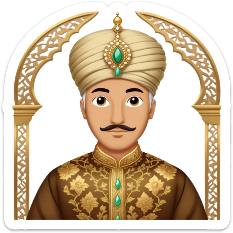 Suleiman the Magnificent – Cinematic Realistic Portrait of Suleiman the Magnificent, depicted as a regal Ottoman sultan in luxurious traditional attire with intricate patterns and a golden turban, his commanding gaze illuminated by warm, historic lighting, exuding majestic authority and timeless grandeur. sticker