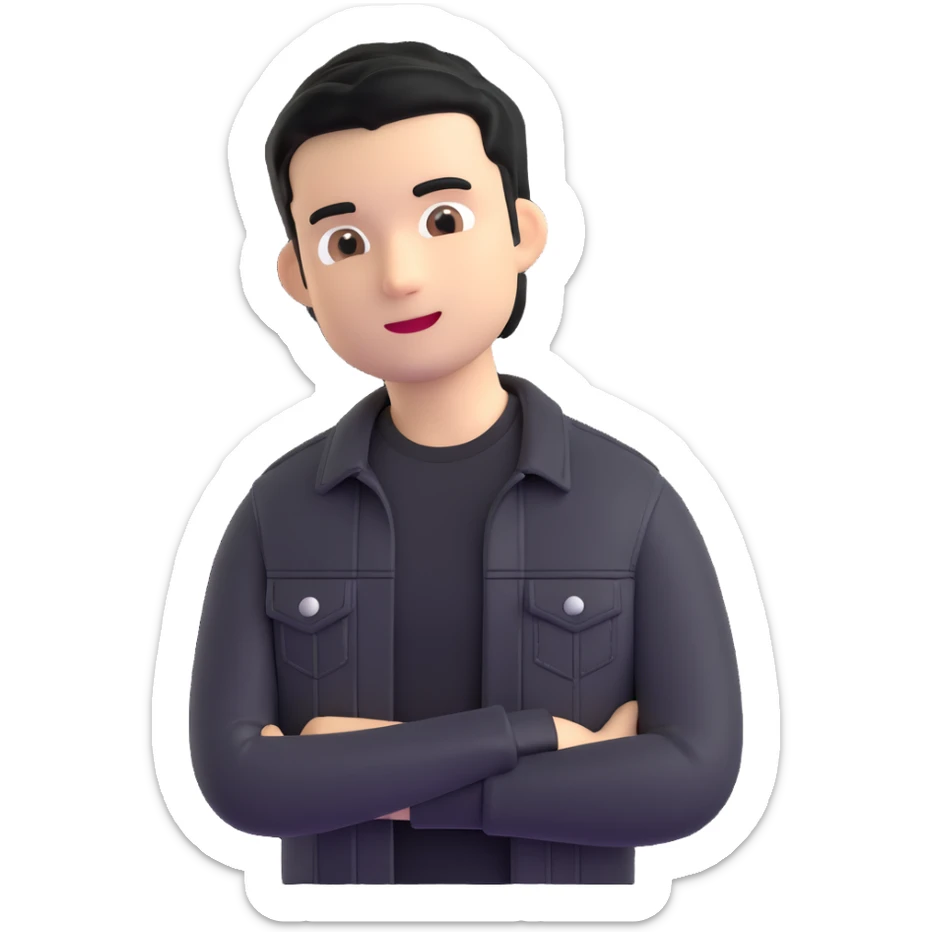 3D emoji style Microsoft, young man with black hair, wearing black t-shirt and black denim jacket, based on photo reference sticker