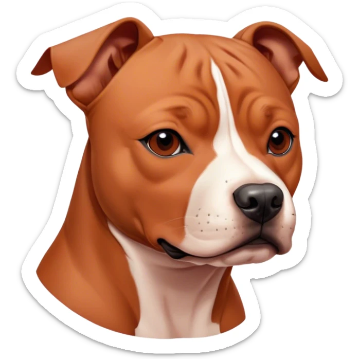 Cinematic Noble Red/Fawn Staffordshire Bull Terrier Portrait Emoji, Poised and regal, with a compact, muscular build and a sleek, well-groomed red/fawn Fur accented by subtle white markings, deep-set soulful dark eyes, Simplified yet sharp and sophisticated features, highly detailed, glowing with a soft, dignified glow, high shine, intelligent and loyal, stylized with an air of strength, focused and attentive, soft glowing outline, capturing the essence of a watchful and confident guardian, so majestic it feels as though it could stride out of the screen with effortless authority! sticker