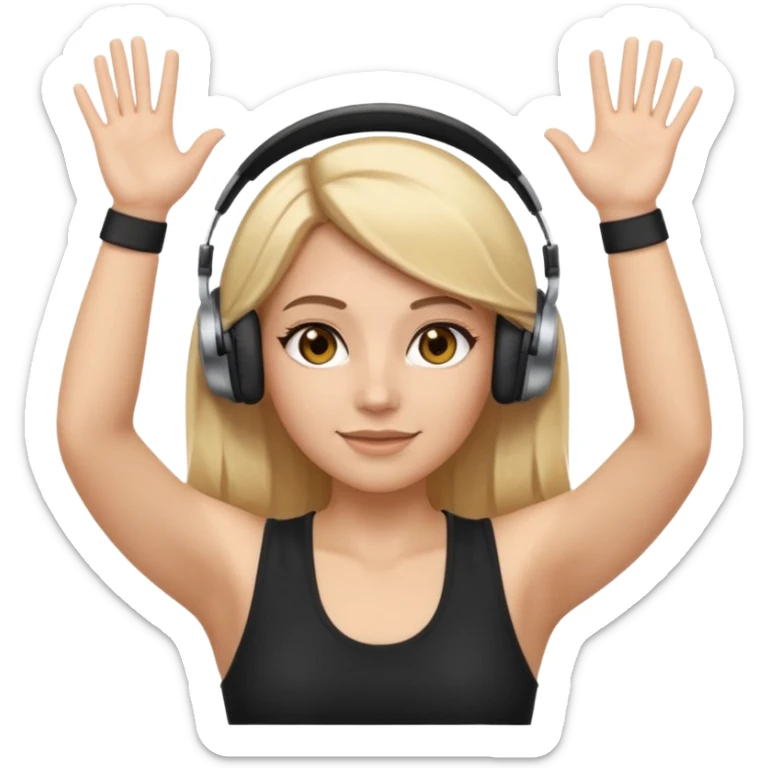 I want a white female dj animated gif emoji with long straight centre parting blonde hair, brown eye brows and putting hands up in the air. Wearing a black tight top with no sleeve. Also wearing DJ headphones  sticker