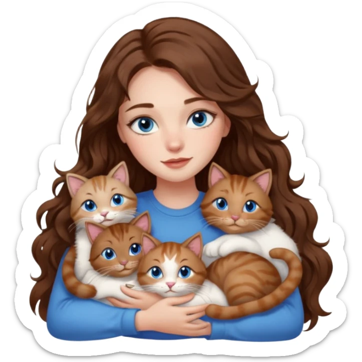 girl with long wavy brown hair, blue eyes, long lashes makeup, cuddling with 6 cats sticker