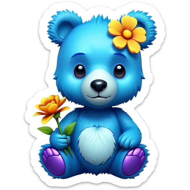 3D, adorable little Pixar style blue neon punk bear with a flower, ultra detailed, each lash, eye, and strand of fur is shown in stunning detail as though captured in a timeless photograph, rich textures, visually rich, so lifelike it feels like it could leap off the page at any moment sticker