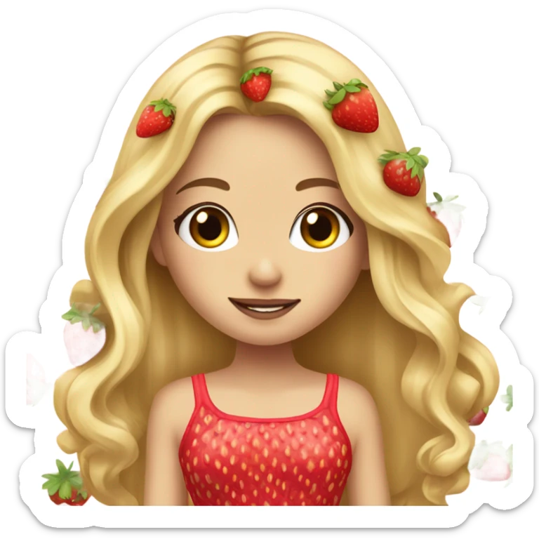 a beautiful girl, long blonde hair with strawberry in her hair, white skin, strawberry dress sticker