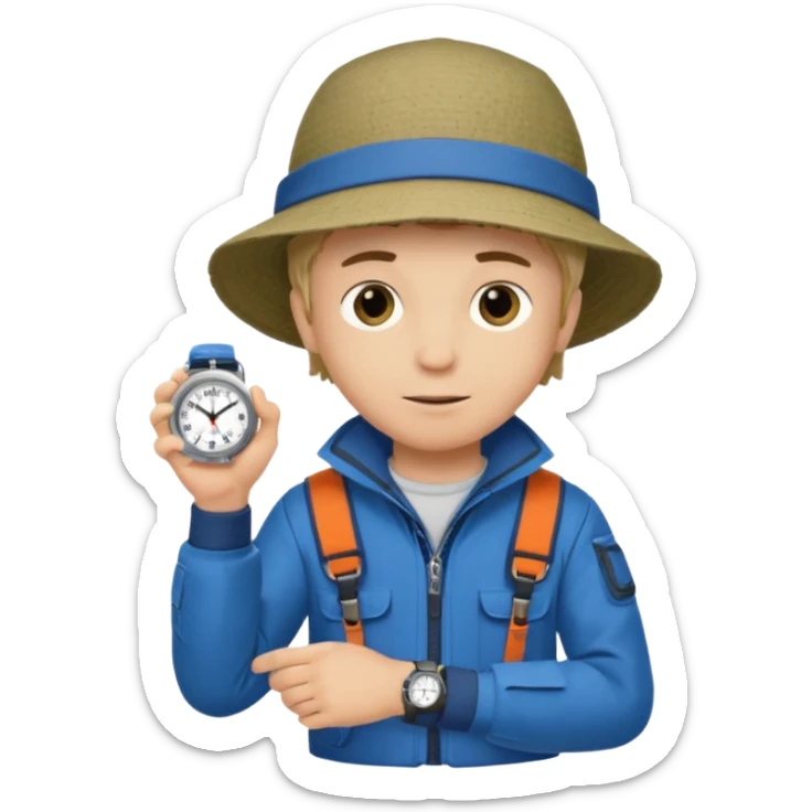 Boy in fishing suit looking at his wristwatch sticker