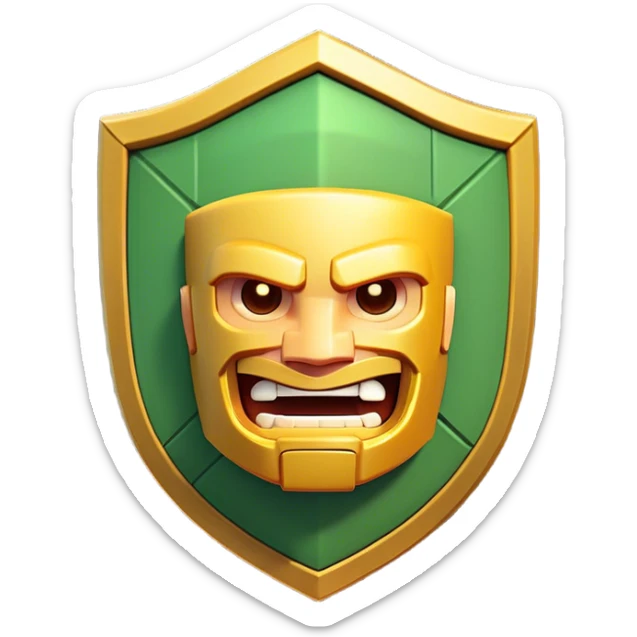 Clash of Clans aesthetic: Cinematic Playful Pixel 3D Shield Portrait Emoji, rendered in a 3D vector-style similar to standard emojis with minimal shading and bold, simplified shapes. A compact, distinct form with signature details, softly glowing with a pixelated adventure charm. Simplified yet unmistakably iconic, highly detailed and consistent, glowing with a soft radiance and high shine. Stylized with a touch of classic pixel-art charm and a soft glowing outline, capturing the essence of a beloved gaming relic with a friendly, playful manner! sticker