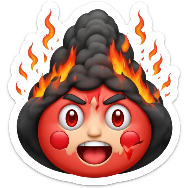 can i have an image of an red faced emoji with a small vocano th the top of its head erupting sticker